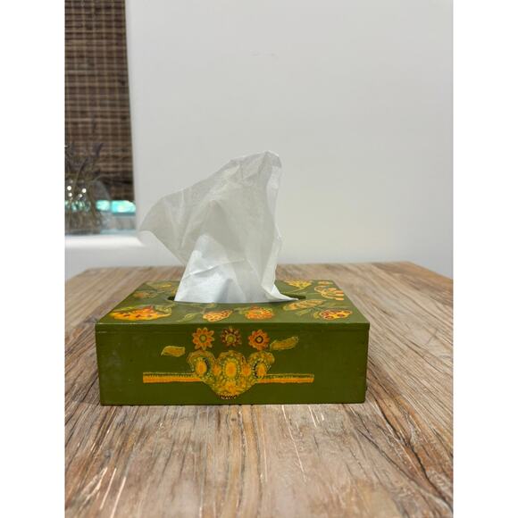 Vintage Boho Floral Tissue Box Cover Hand Painted Green Folk Art 1970s Decoupage - Picture 1 of 7